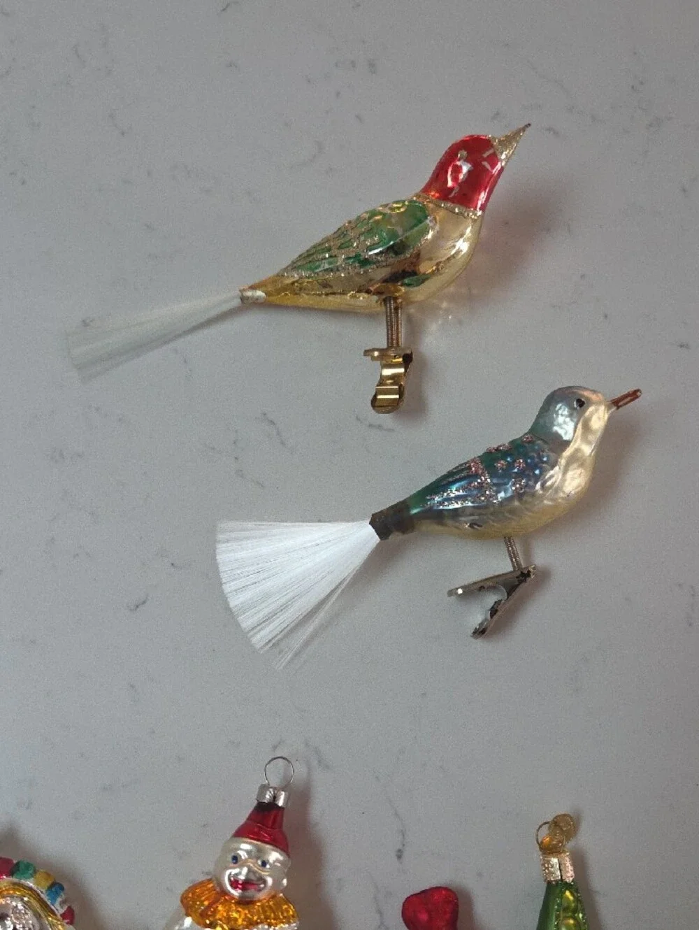 Vintage Glass Bird and Holiday Ornament Set - German Blown Glass